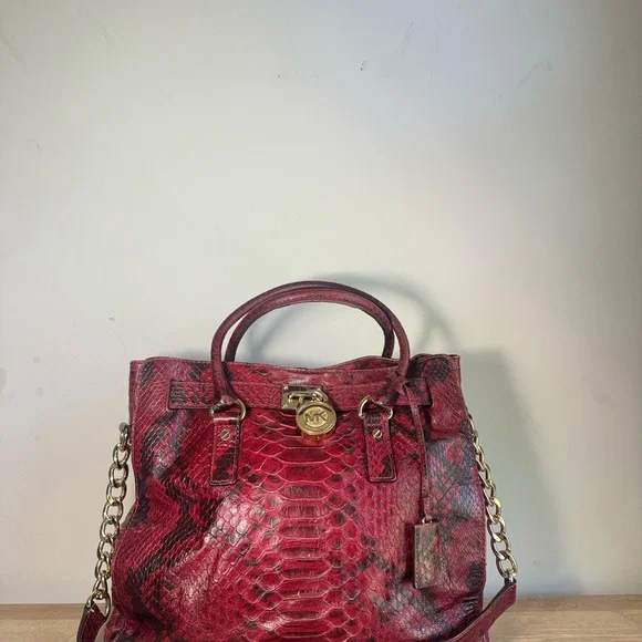 Michael Kors Crimson Snake Print Satchel with Gold Accents